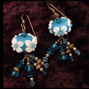 Earrings-Lampworks Blue/White/Antiqued